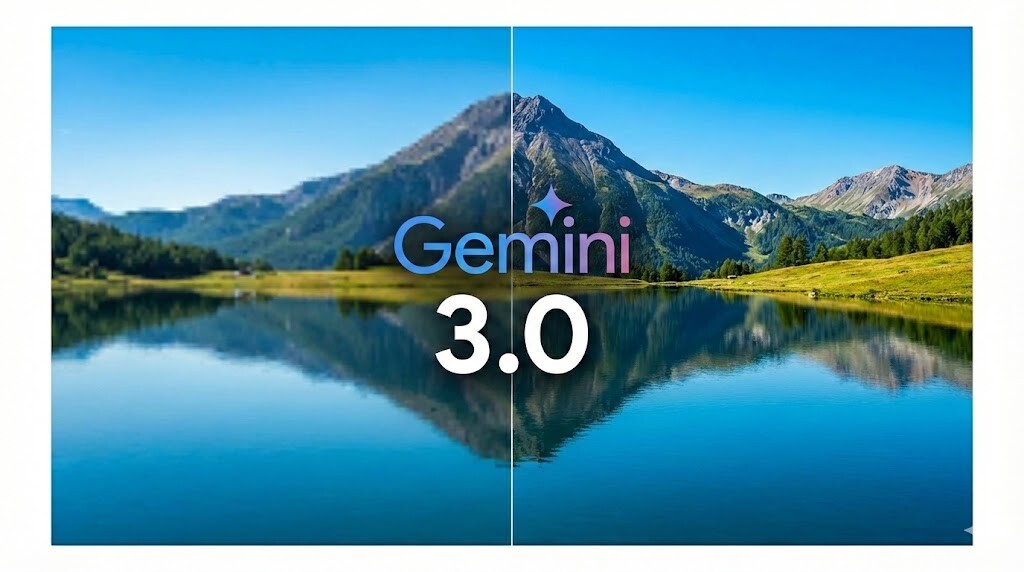 흰색 배경의 16:9 인포그래픽 썸네일. 중앙에는 제미나이(Gemini)의 상징인 반짝이는 별 모양 로고와 '3.0' 텍스트가 굵고 선명하게 배치되어 있습니다. 중심부에서 뻗어나가는 다채로운 네트워크 선들이 AI 뇌(신경망), 고해상도 카메라 렌즈, 프로세서 칩, 그리고 바나나 아이콘 등 다양한 기능 아이콘들과 연결되어 있어, 제미나이 3.0의 강력한 성능 향상과 이미지 처리 능력을 직관적으로 시각화하고 있습니다.