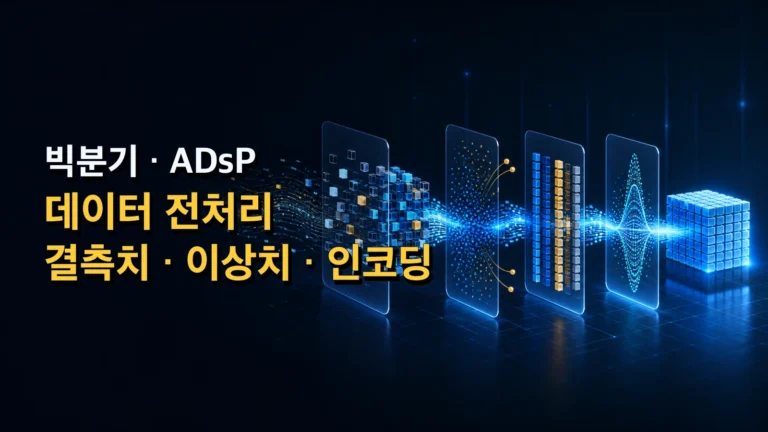 결측치·이상치·인코딩·스케일링을 거쳐 데이터가 정제되는 과정을 표현한 데이터 전처리 대표 이미지
