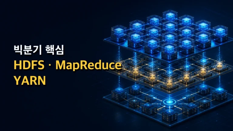 분산 저장·병렬 처리·자원 관리 계층으로 구성된 Hadoop HDFS·MapReduce·YARN 대표 이미지