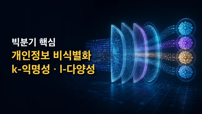 데이터가 보호 계층을 거쳐 가명처리·비식별화되는 과정을 표현한 개인정보 보호 대표 이미지